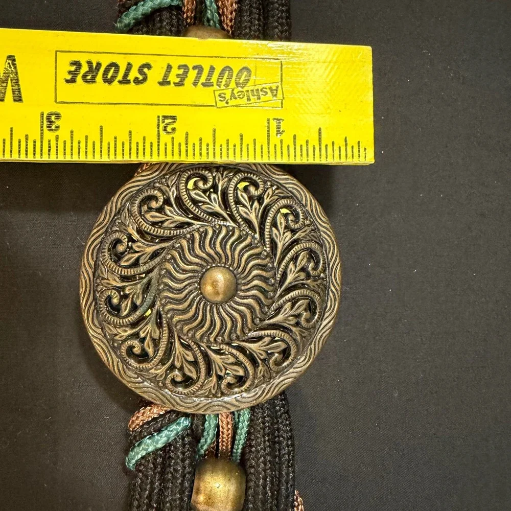 Vtg Leather Shop Woven Cord Belt Medallion Black Teal Bronze Boho-Chic Western‎
